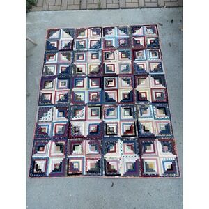 Vintage 1800s Farmhouse Quilt Log Cabin Style 80x64 inches Antique Patchwork